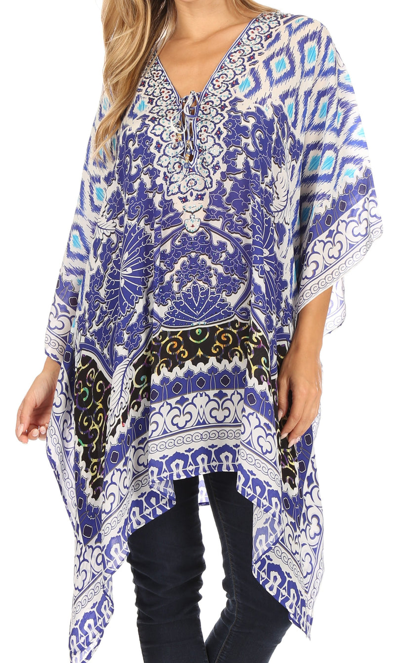 Sakkas Aymee Women's Caftan Poncho Cover up V neck Top Lace up With Rhinestone