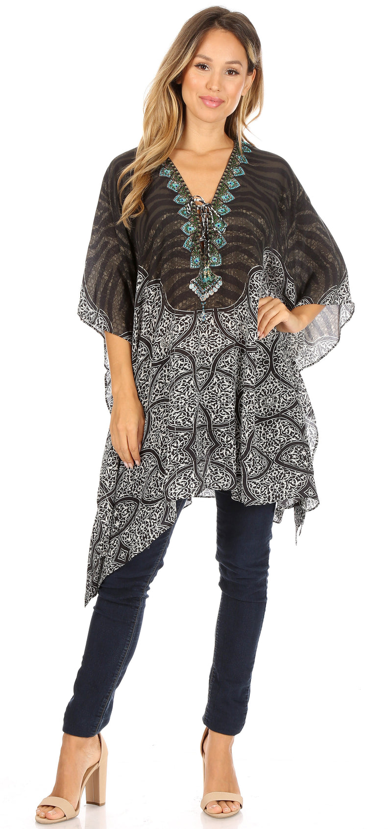 Sakkas Aymee Women's Caftan Poncho Cover up V neck Top Lace up With Rhinestone