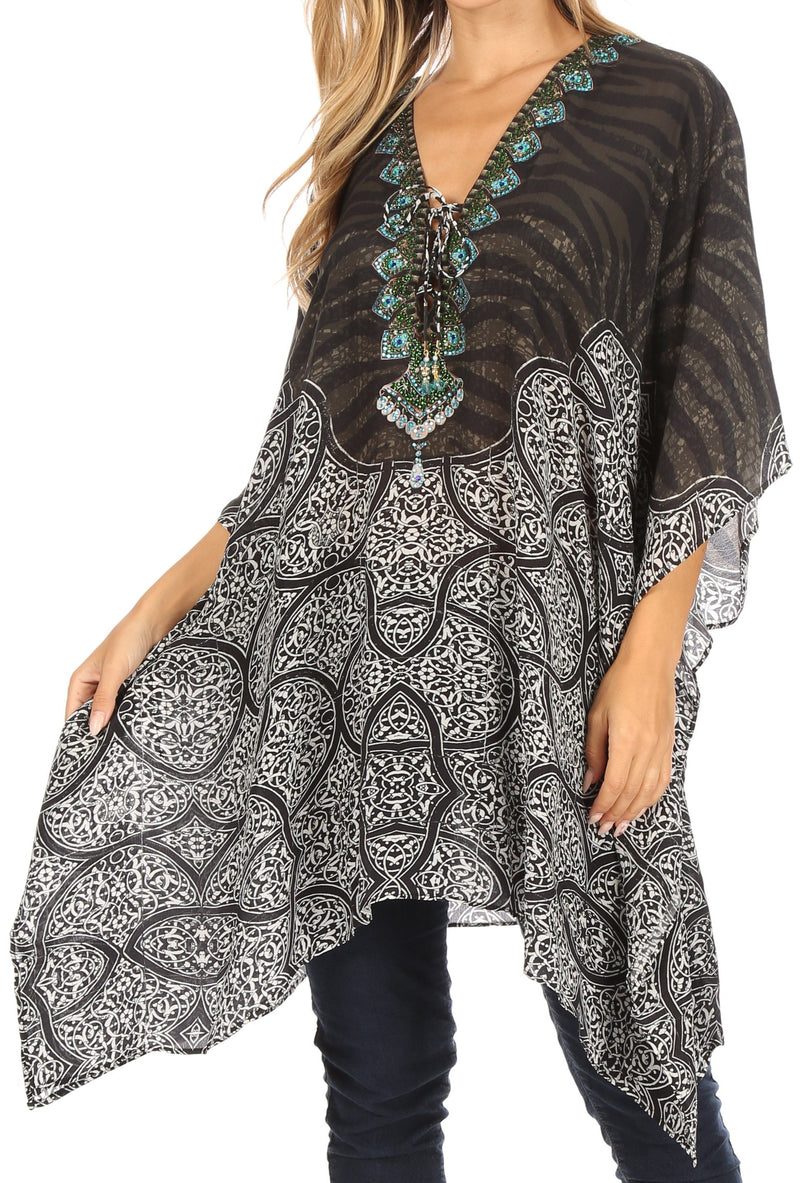 Sakkas Aymee Women's Caftan Poncho Cover up V neck Top Lace up With Rhinestone