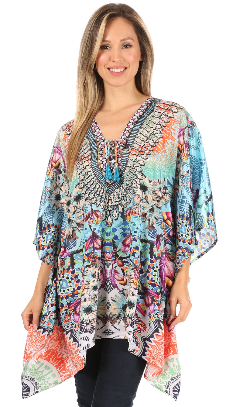 Sakkas Aymee Women's Caftan Poncho Cover up V neck Top Lace up With Rhinestone