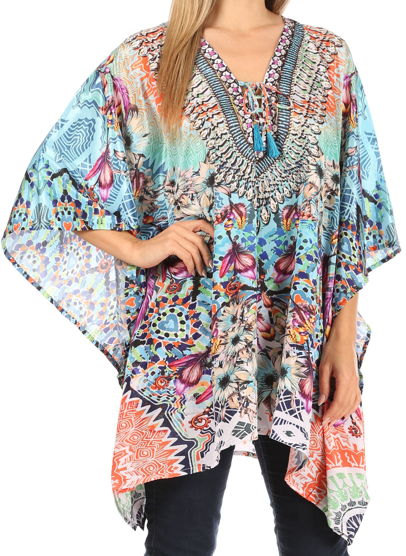 Sakkas Aymee Women's Caftan Poncho Cover up V neck Top Lace up With Rhinestone