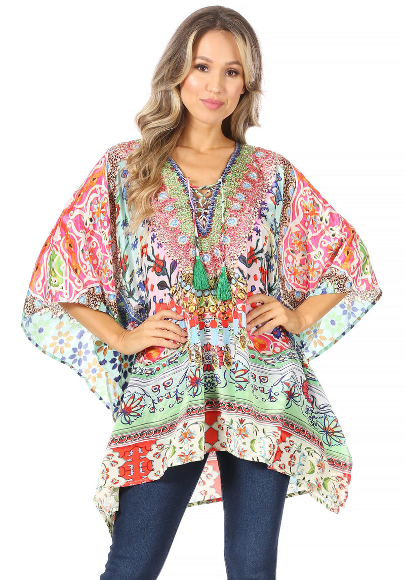 Sakkas Aymee Women's Caftan Poncho Cover up V neck Top Lace up With Rhinestone