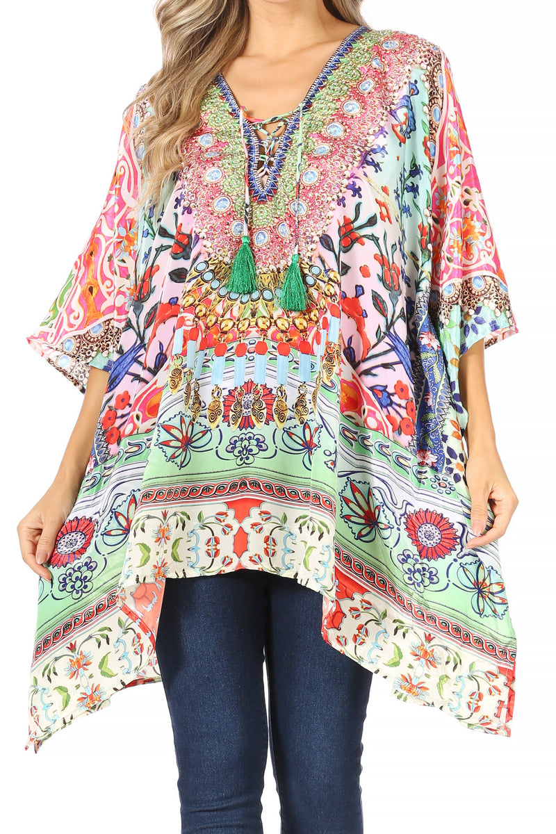 Sakkas Aymee Women's Caftan Poncho Cover up V neck Top Lace up With Rhinestone