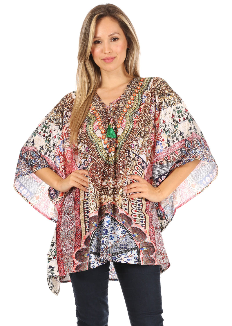 Sakkas Aymee Women's Caftan Poncho Cover up V neck Top Lace up With Rhinestone