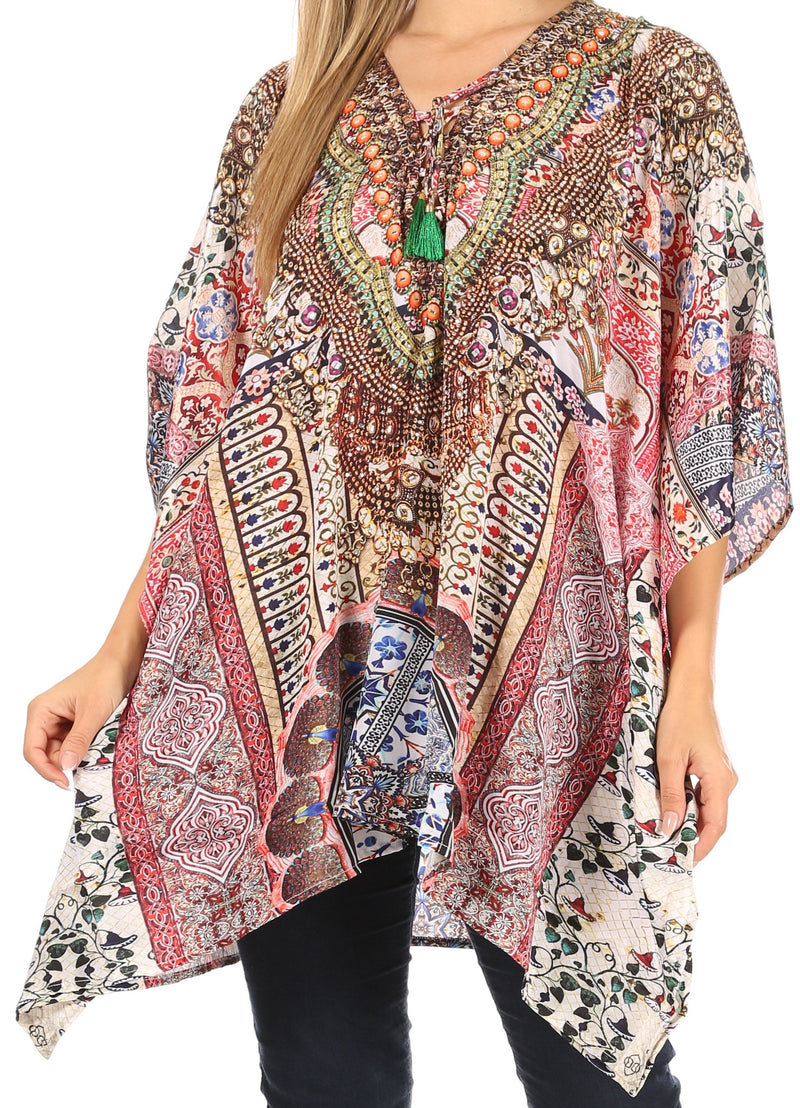 Sakkas Aymee Women's Caftan Poncho Cover up V neck Top Lace up With Rhinestone