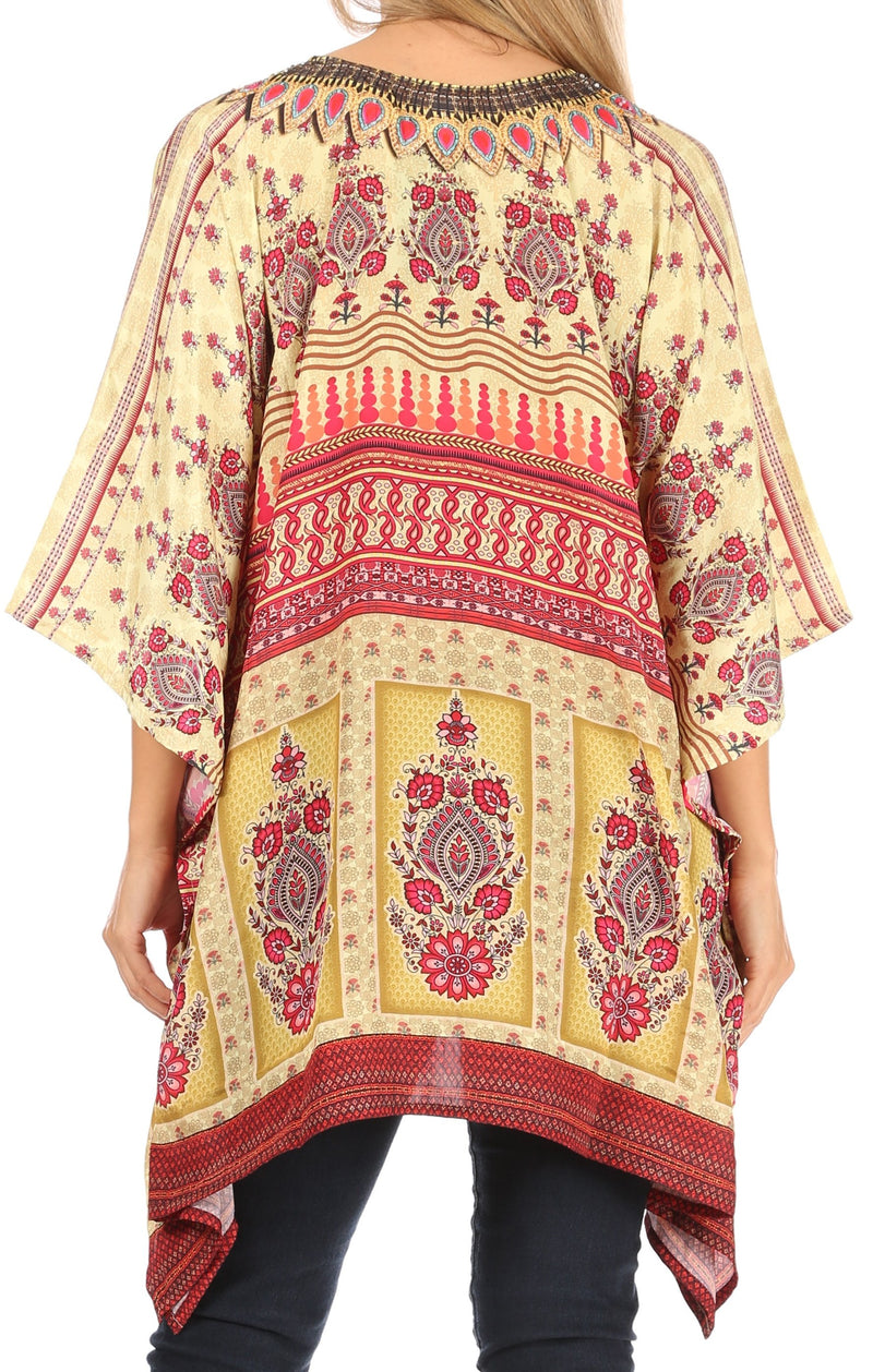 Sakkas Aymee Women's Caftan Poncho Cover up V neck Top Lace up With Rhinestone