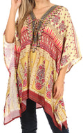 Sakkas Aymee Women's Caftan Poncho Cover up V neck Top Lace up With Rhinestone#color_TM97-Multi