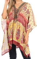 Sakkas Aymee Women's Caftan Poncho Cover up V neck Top Lace up With Rhinestone#color_TM97-Multi 