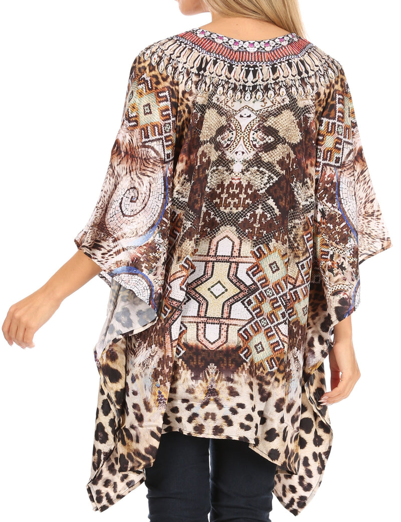 Sakkas Aymee Women's Caftan Poncho Cover up V neck Top Lace up With Rhinestone