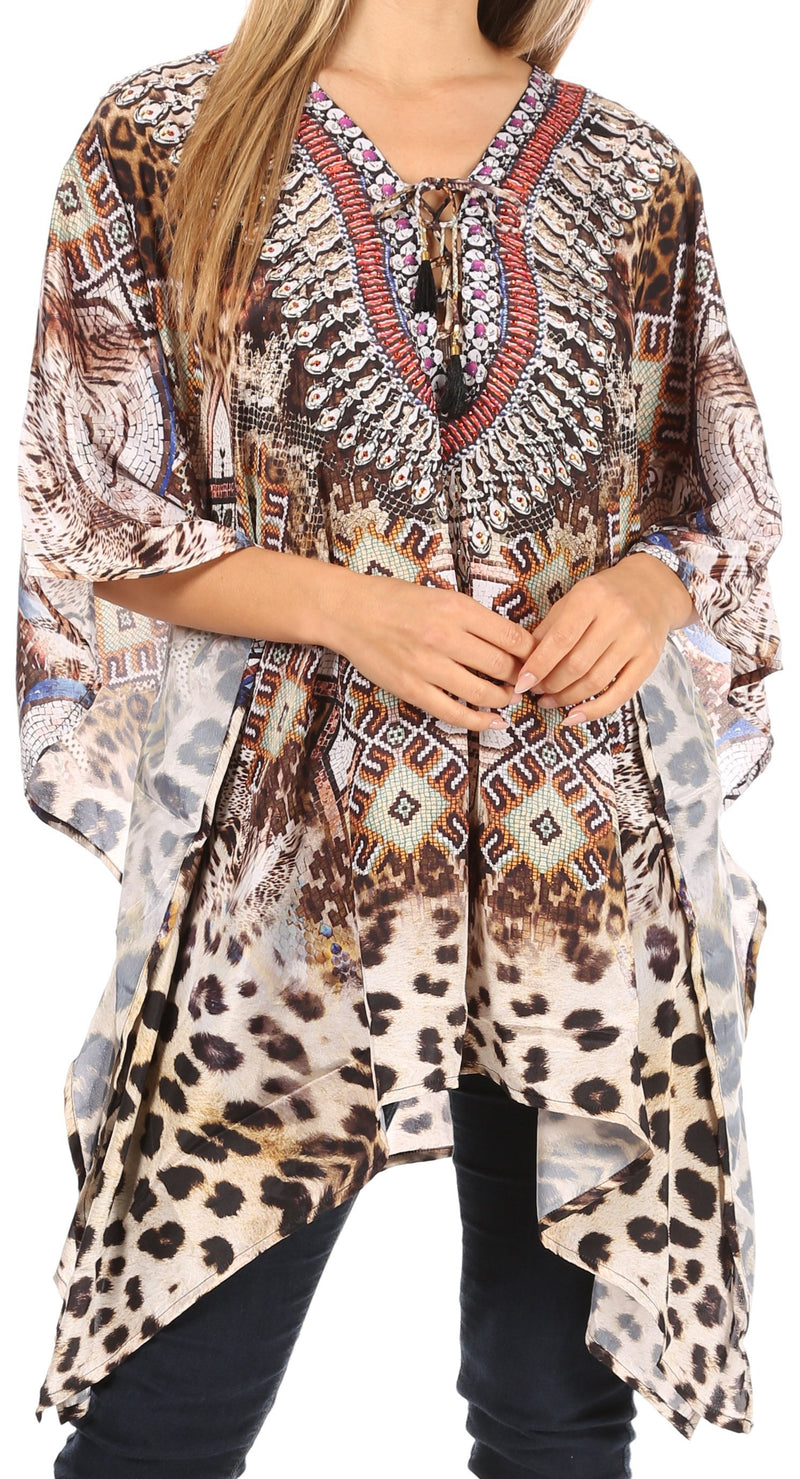 Sakkas Aymee Women's Caftan Poncho Cover up V neck Top Lace up With Rhinestone