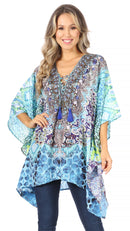 Sakkas Aymee Women's Caftan Poncho Cover up V neck Top Lace up With Rhinestone