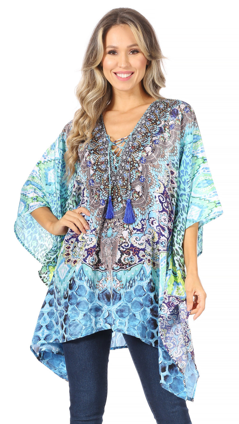 Sakkas Aymee Women's Caftan Poncho Cover up V neck Top Lace up With Rhinestone