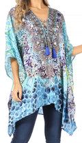 Sakkas Aymee Women's Caftan Poncho Cover up V neck Top Lace up With Rhinestone#color_TRG225-Green