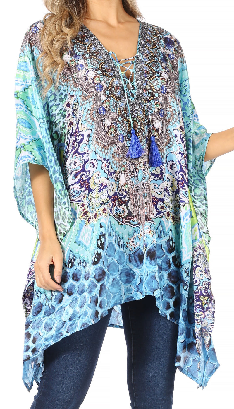 Sakkas Aymee Women's Caftan Poncho Cover up V neck Top Lace up With Rhinestone