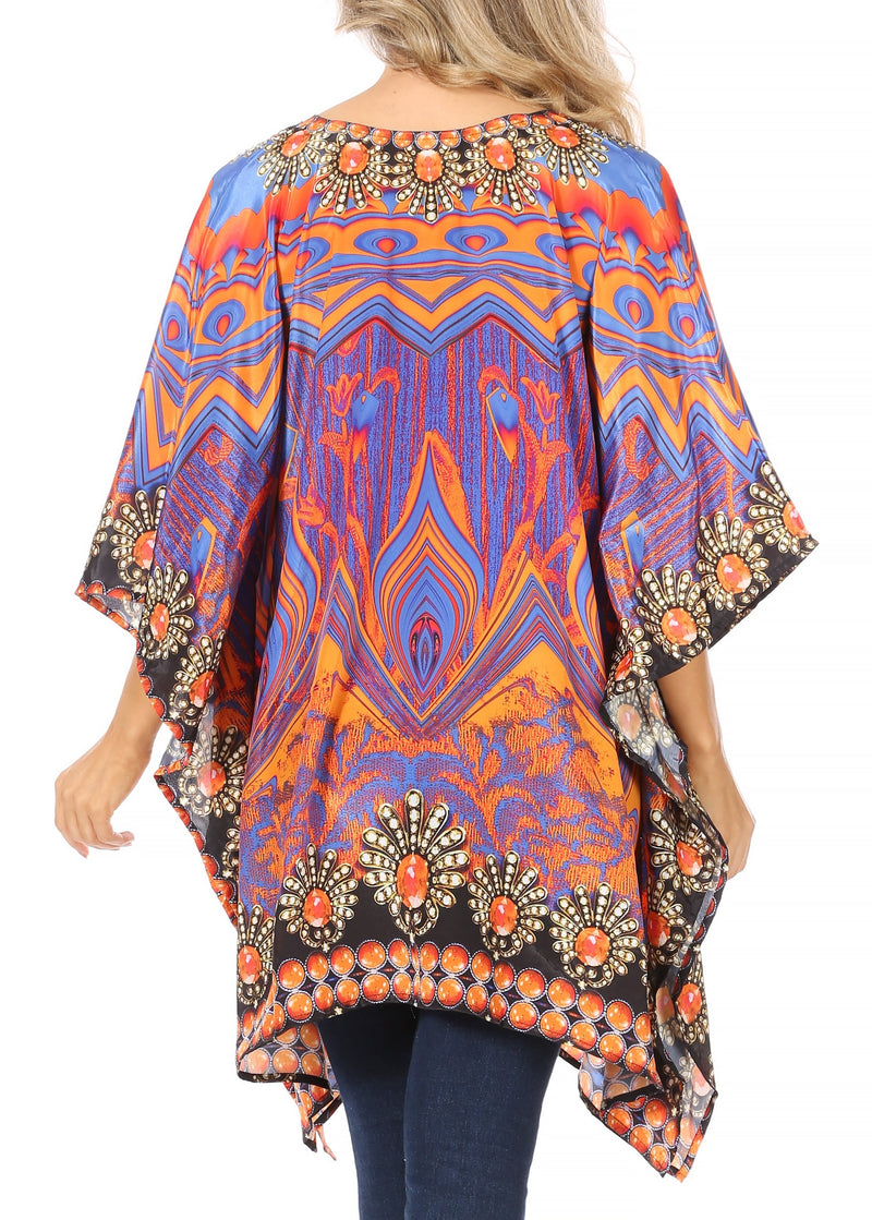 Sakkas Aymee Women's Caftan Poncho Cover up V neck Top Lace up With Rhinestone