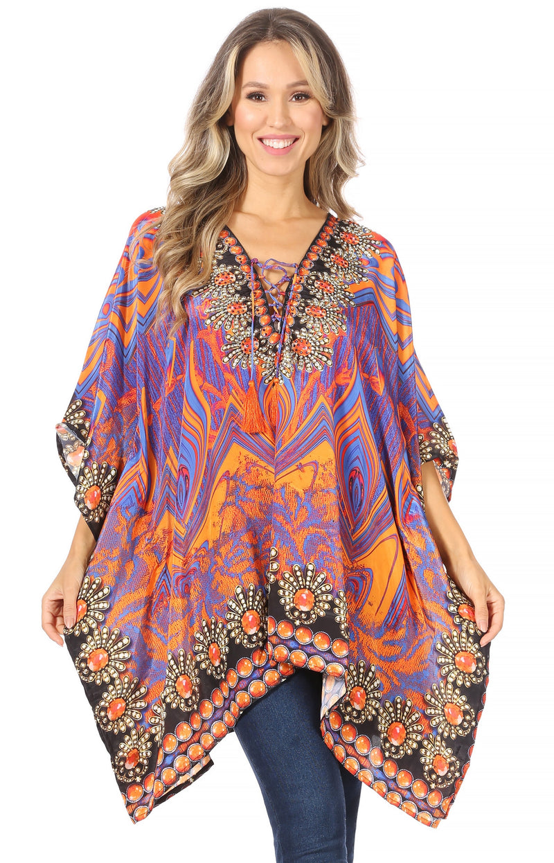 Sakkas Aymee Women's Caftan Poncho Cover up V neck Top Lace up With Rhinestone