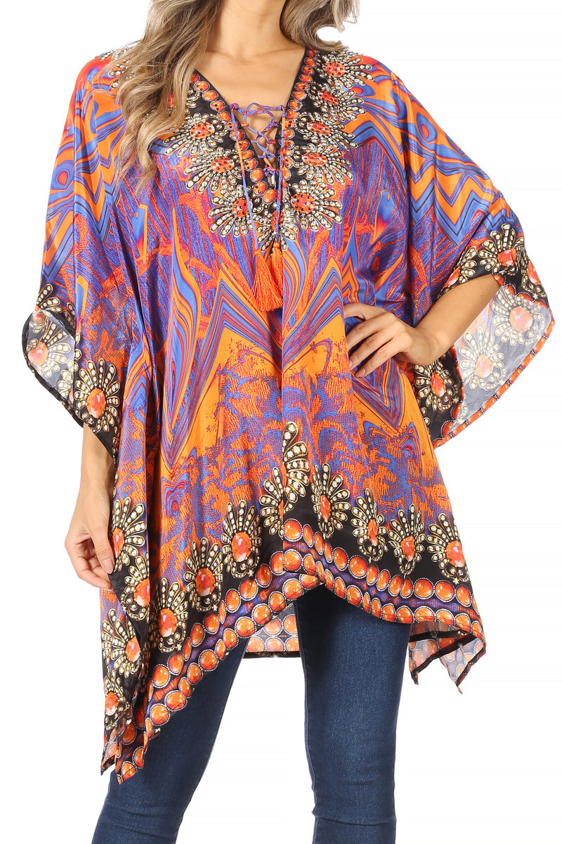 Sakkas Aymee Women's Caftan Poncho Cover up V neck Top Lace up With Rhinestone