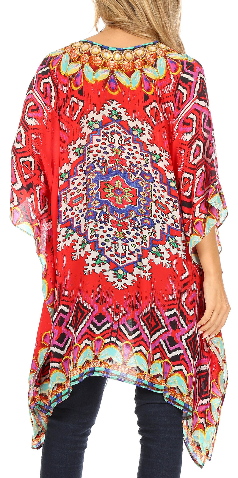 Sakkas Aymee Women's Caftan Poncho Cover up V neck Top Lace up With Rhinestone