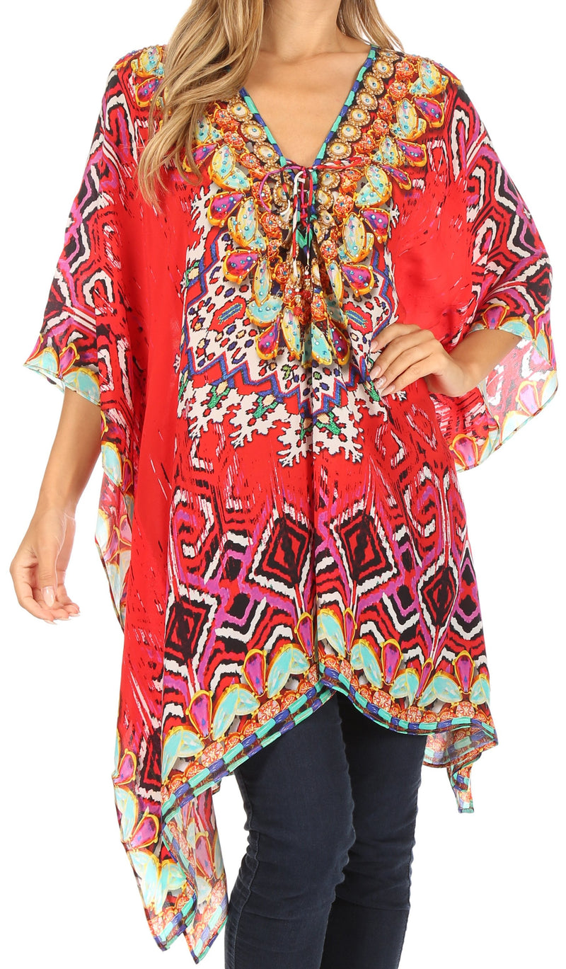 Sakkas Aymee Women's Caftan Poncho Cover up V neck Top Lace up With Rhinestone