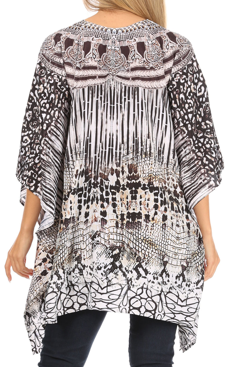 Sakkas Aymee Women's Caftan Poncho Cover up V neck Top Lace up With Rhinestone