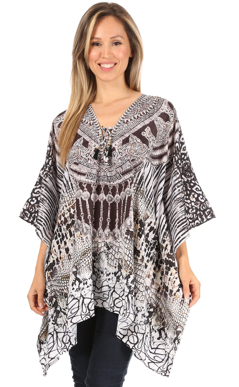 Sakkas Aymee Women's Caftan Poncho Cover up V neck Top Lace up With Rhinestone