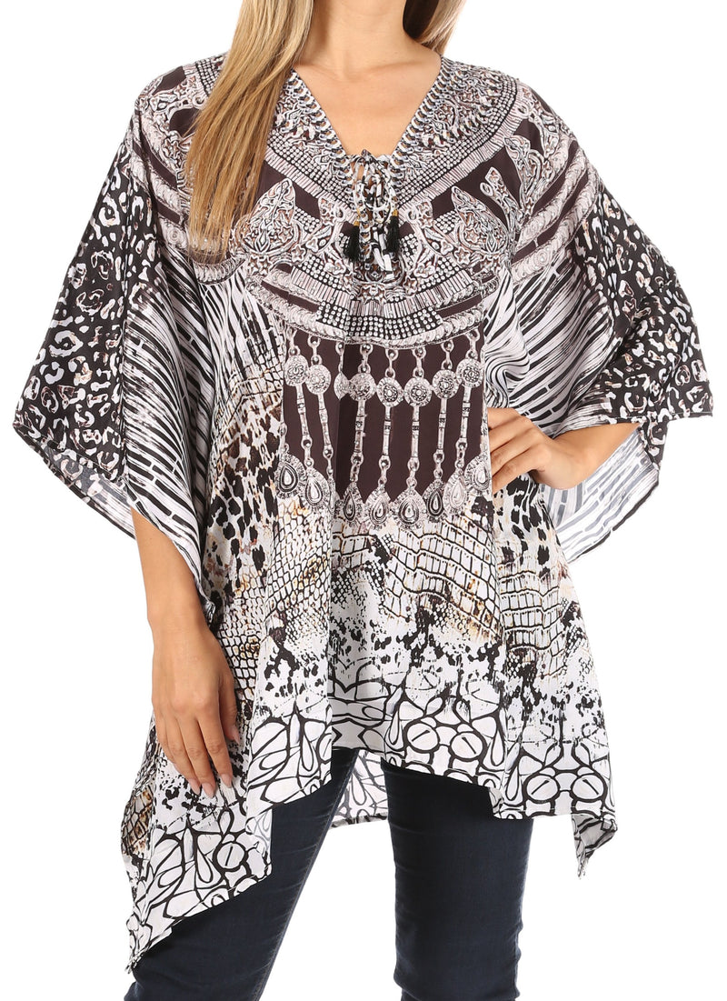 Sakkas Aymee Women's Caftan Poncho Cover up V neck Top Lace up With Rhinestone