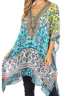 Sakkas Aymee Women's Caftan Poncho Cover up V neck Top Lace up With Rhinestone#color_TT42-Turq