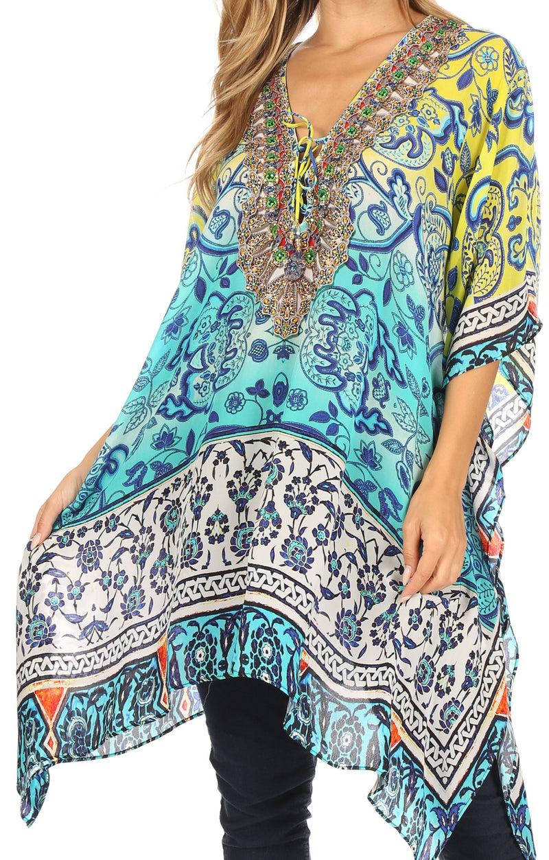 Sakkas Aymee Women's Caftan Poncho Cover up V neck Top Lace up With Rhinestone