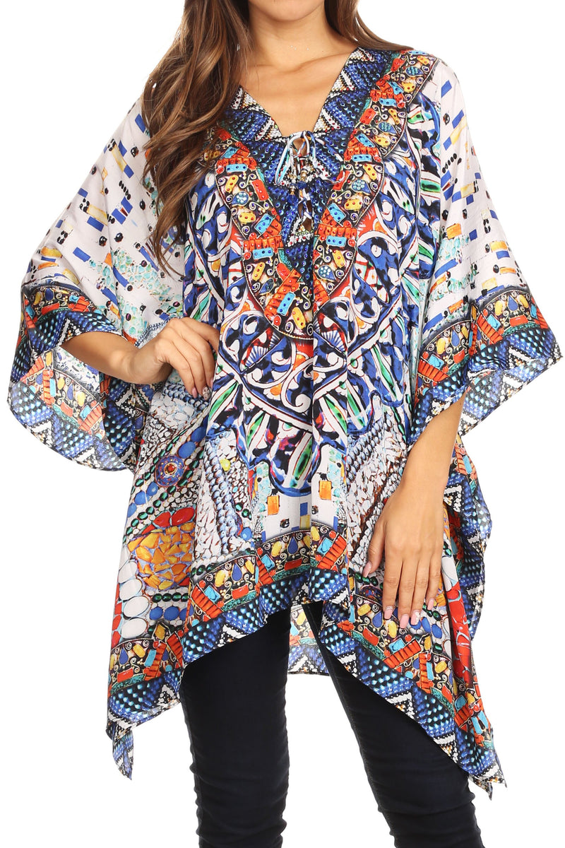 Sakkas Aymee Women's Caftan Poncho Cover up V neck Top Lace up With Rhinestone