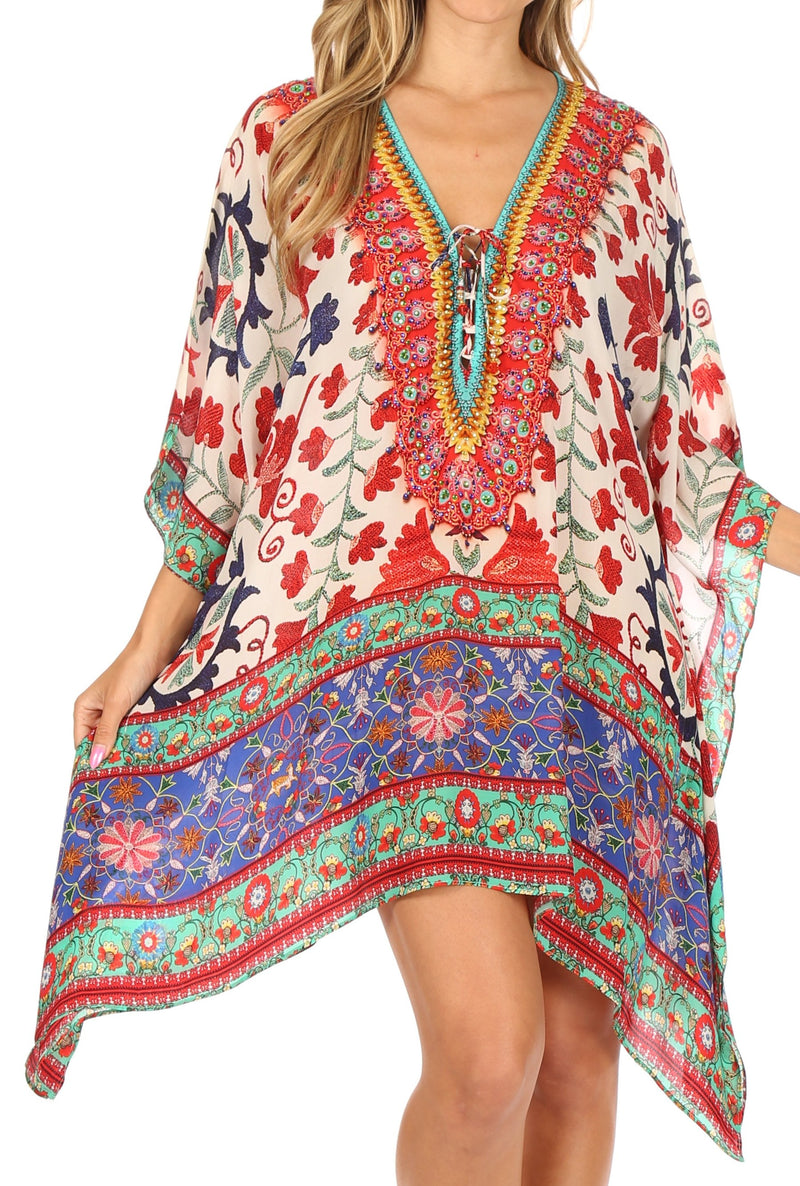 Sakkas Aymee Women's Caftan Poncho Cover up V neck Top Lace up With Rhinestone