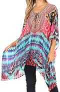Sakkas Aymee Women's Caftan Poncho Cover up V neck Top Lace up With Rhinestone#color_UM232-Multi