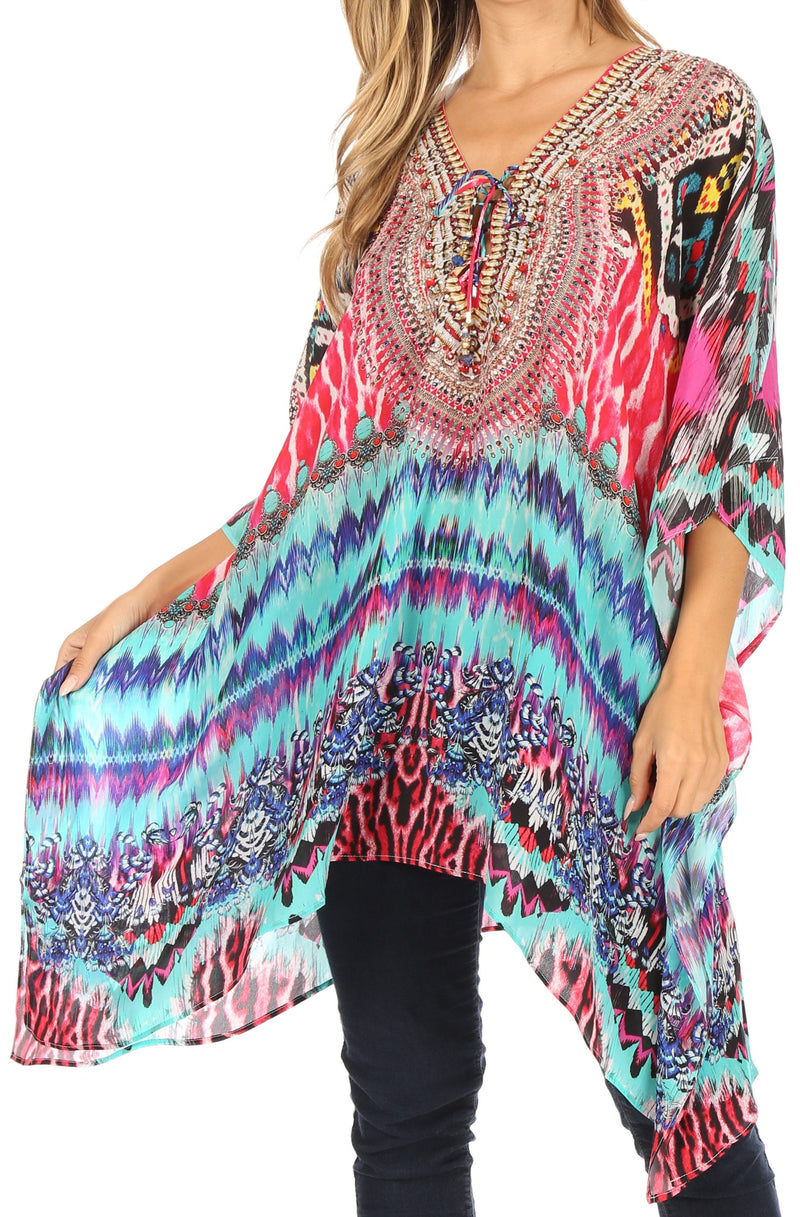 Sakkas Aymee Women's Caftan Poncho Cover up V neck Top Lace up With Rhinestone