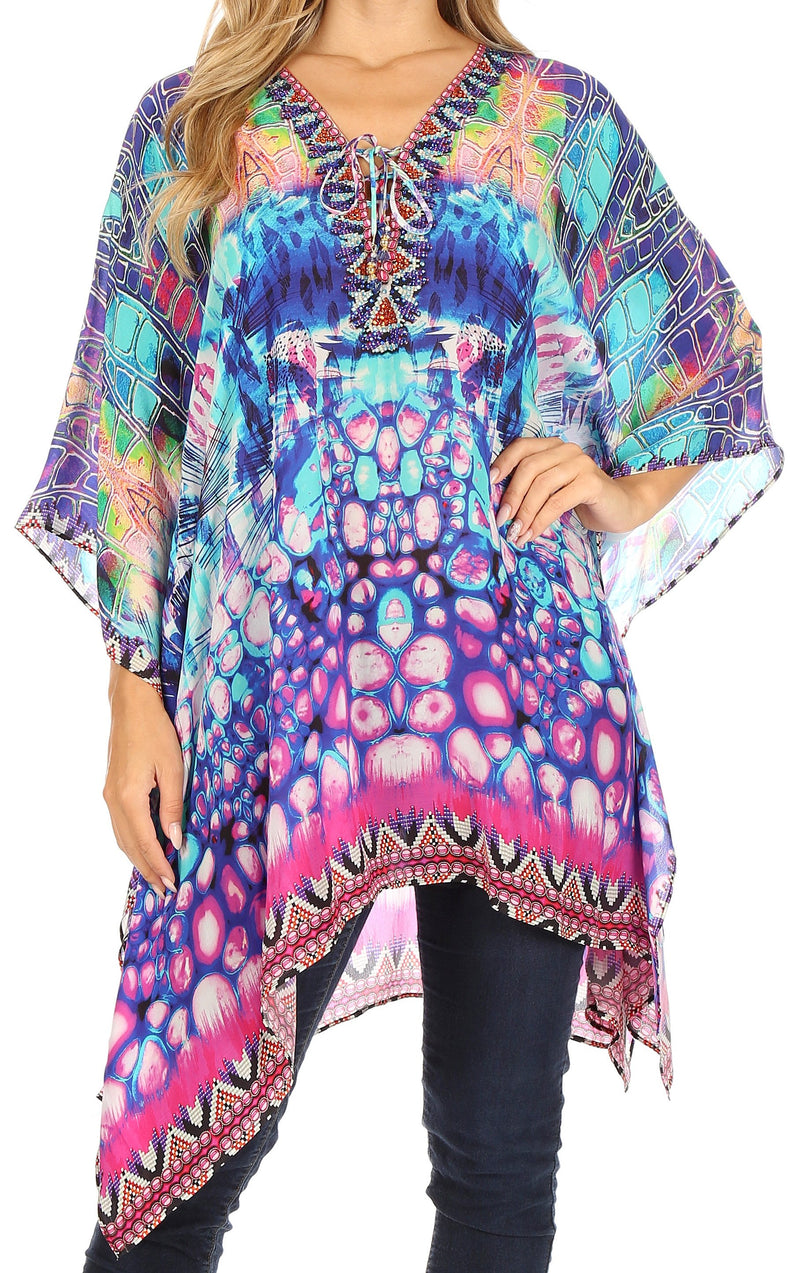 Sakkas Aymee Women's Caftan Poncho Cover up V neck Top Lace up With Rhinestone