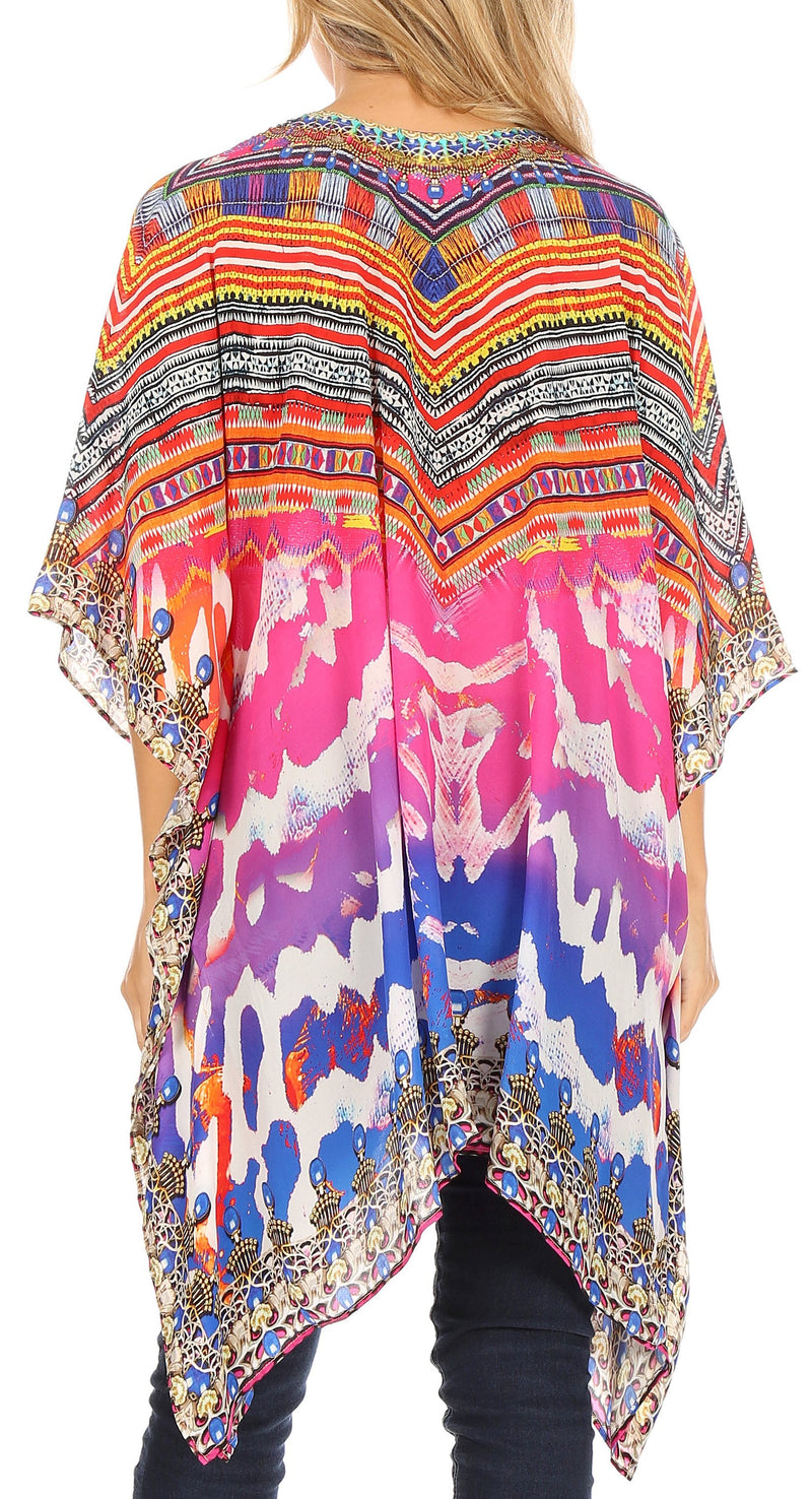 Sakkas Aymee Women's Caftan Poncho Cover up V neck Top Lace up With Rhinestone