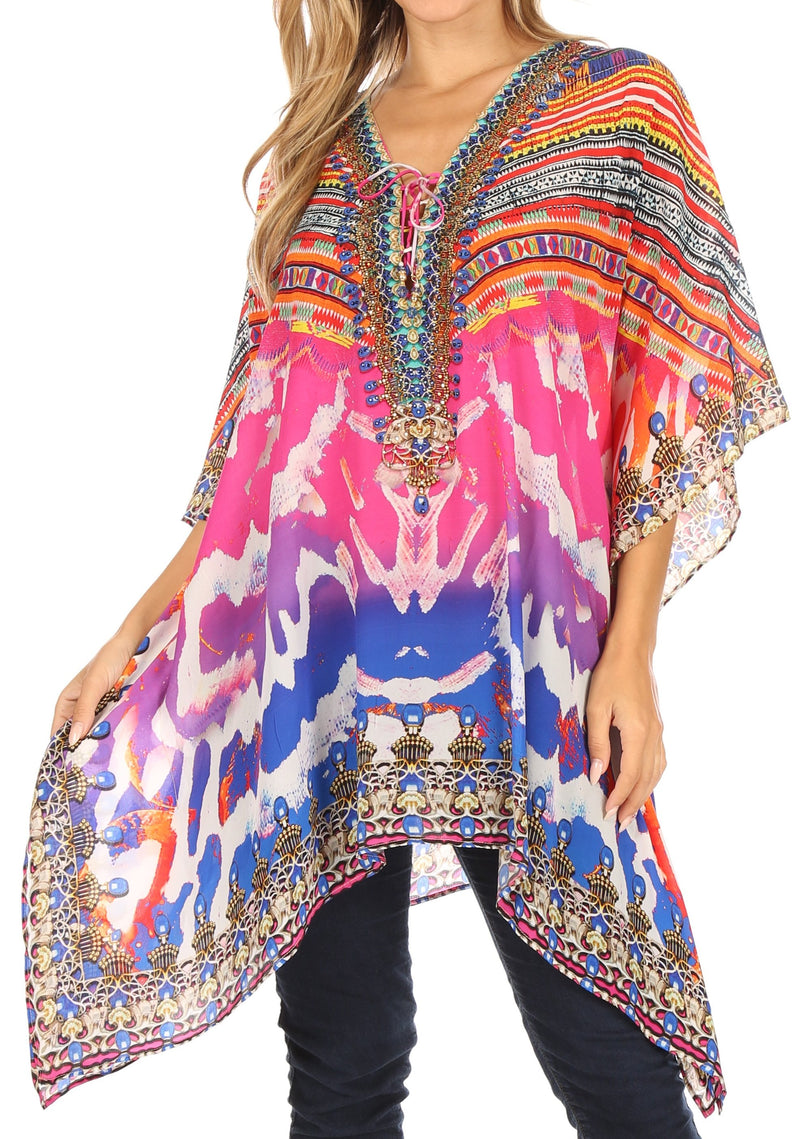 Sakkas Aymee Women's Caftan Poncho Cover up V neck Top Lace up With Rhinestone