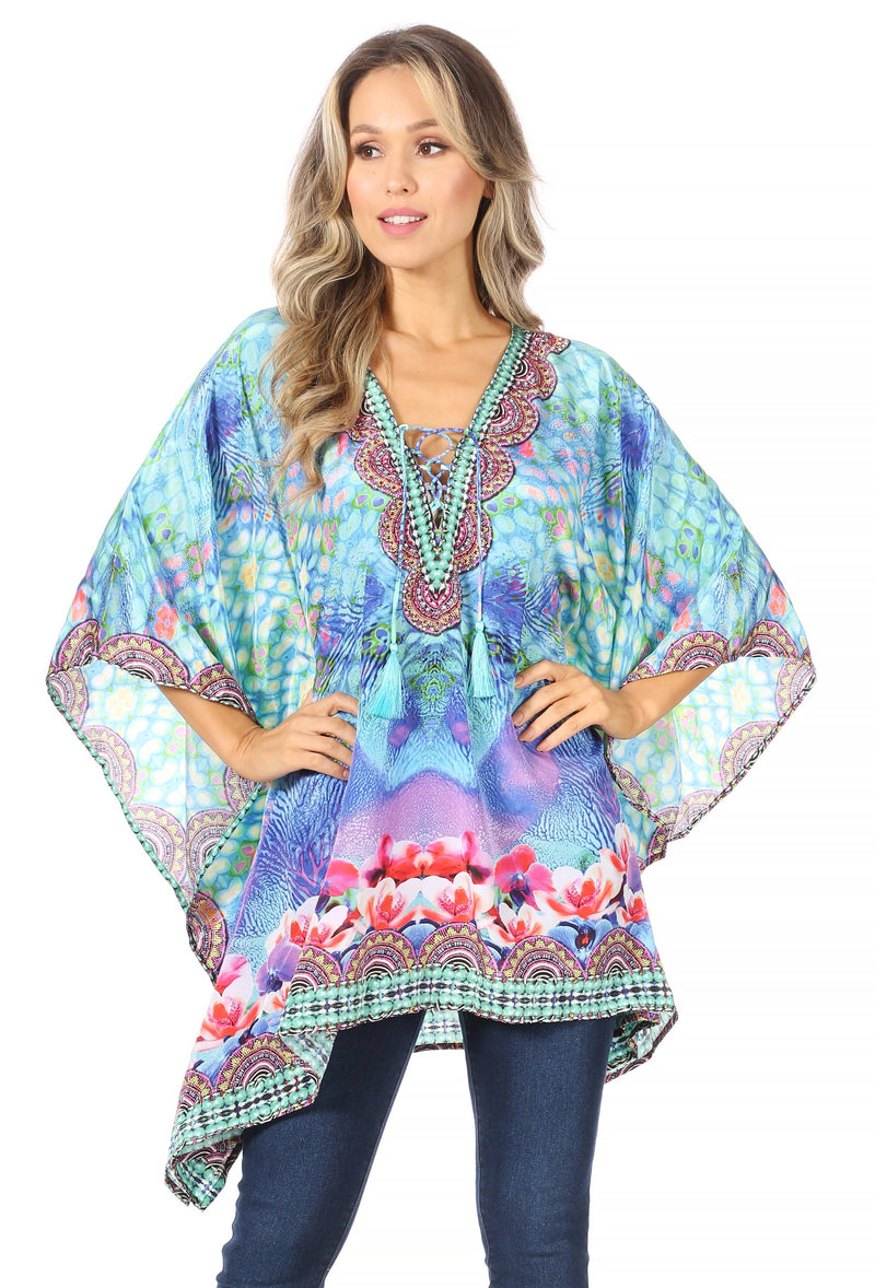 Sakkas Aymee Women's Caftan Poncho Cover up V neck Top Lace up With Rhinestone