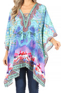 Sakkas Aymee Women's Caftan Poncho Cover up V neck Top Lace up With Rhinestone#color_WT39-Turq