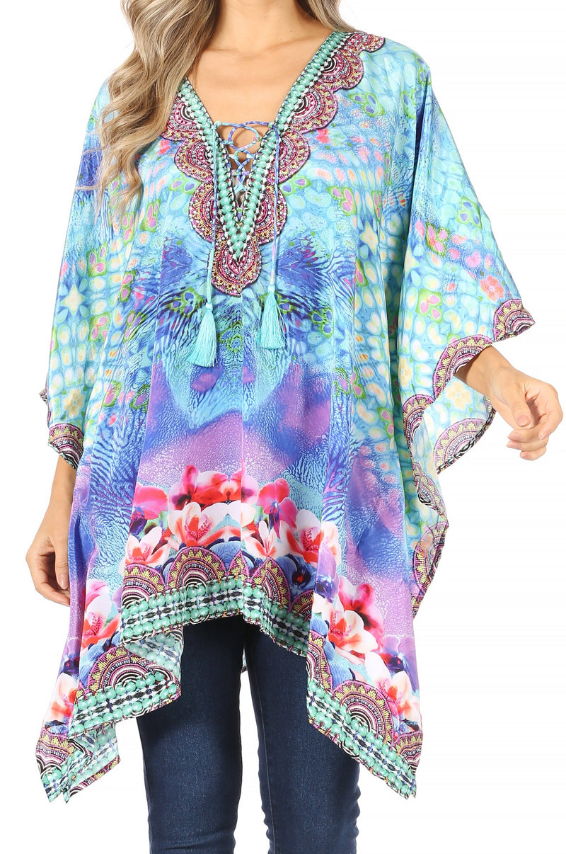 Sakkas Aymee Women's Caftan Poncho Cover up V neck Top Lace up With Rhinestone