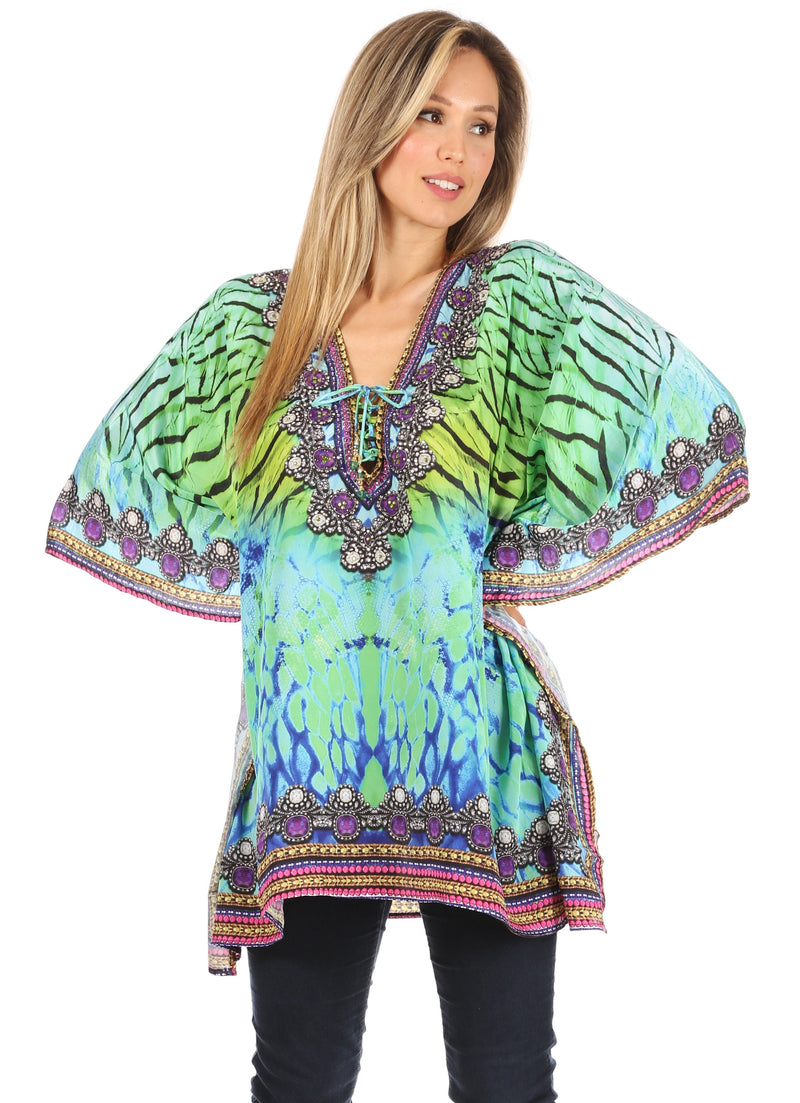 Sakkas Aymee Women's Caftan Poncho Cover up V neck Top Lace up With Rhinestone