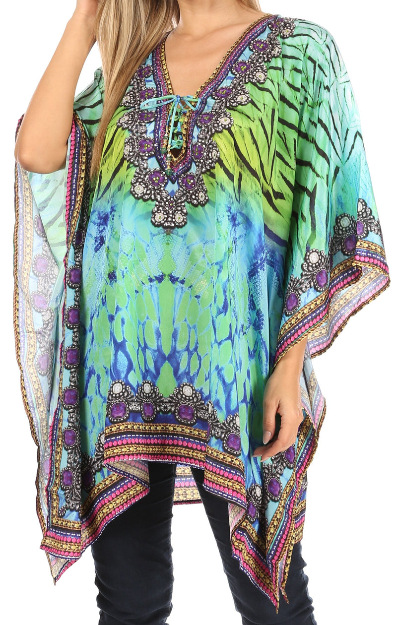 Sakkas Aymee Women's Caftan Poncho Cover up V neck Top Lace up With Rhinestone