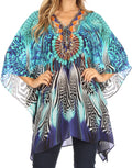 Sakkas Aymee Women's Caftan Poncho Cover up V neck Top Lace up With Rhinestone#color_ZB55-Blue