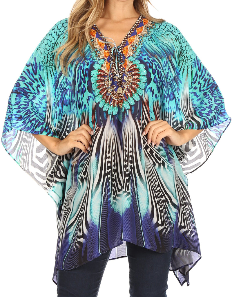 Sakkas Aymee Women's Caftan Poncho Cover up V neck Top Lace up With Rhinestone