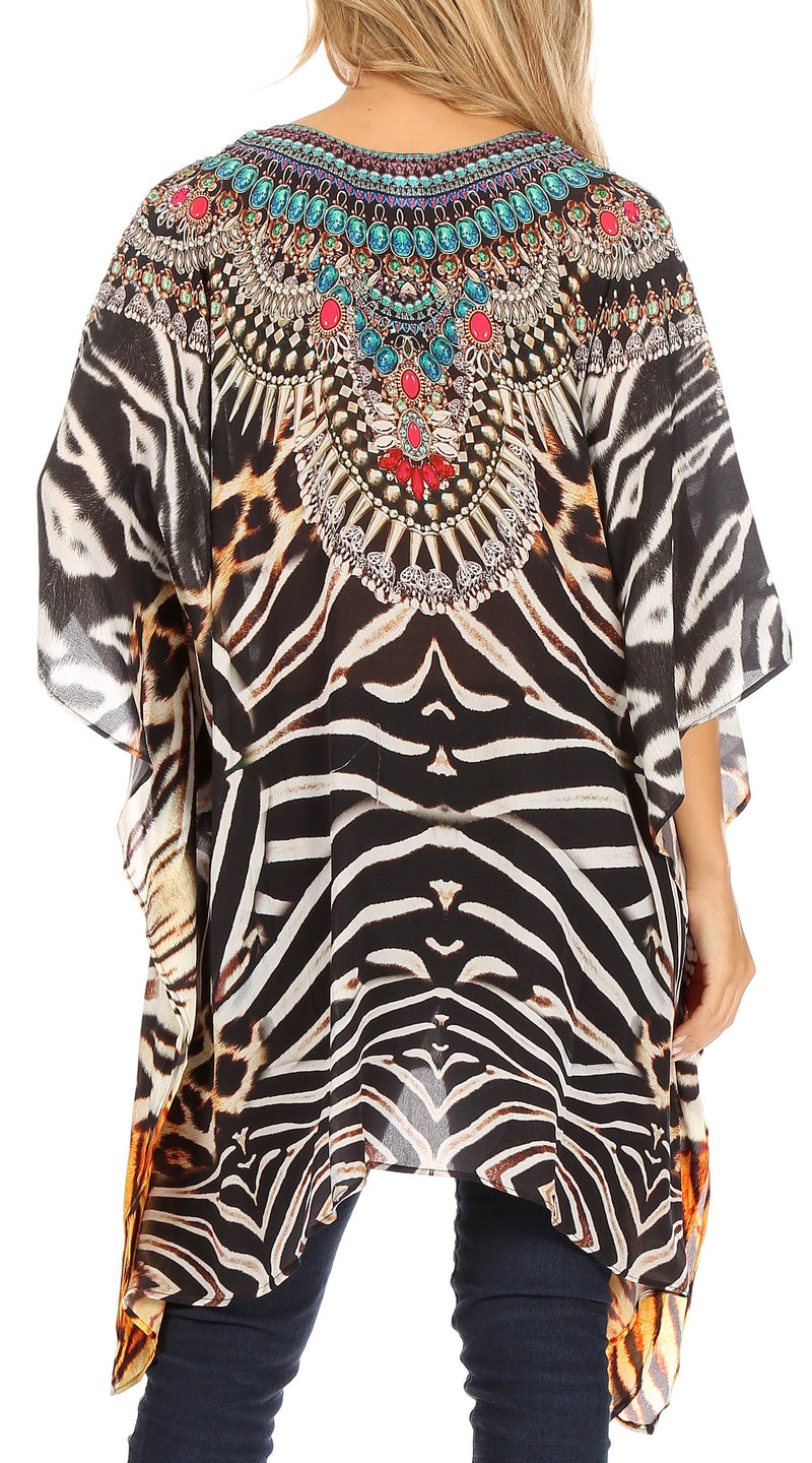 Sakkas Aymee Women's Caftan Poncho Cover up V neck Top Lace up With Rhinestone