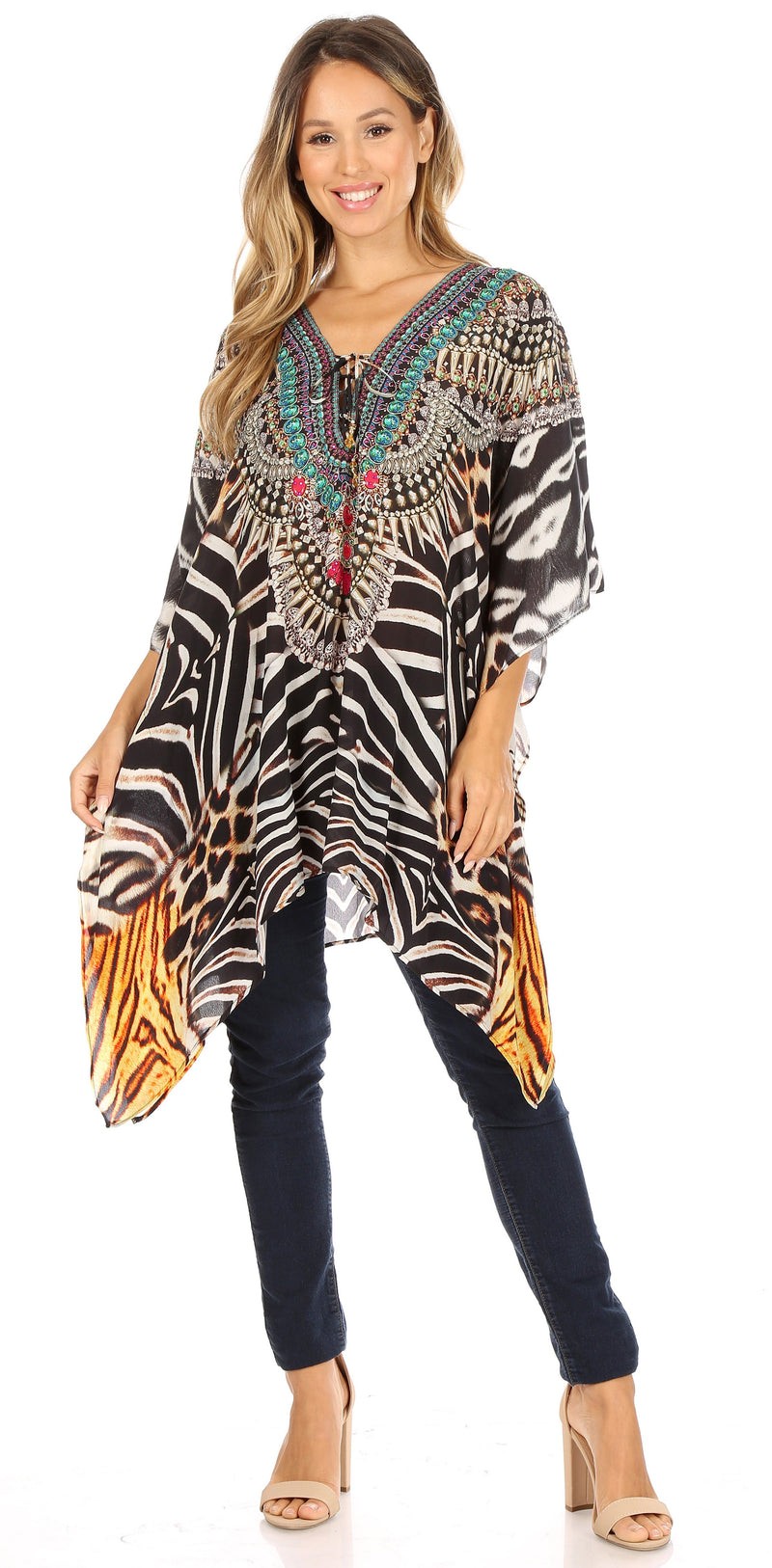 Sakkas Aymee Women's Caftan Poncho Cover up V neck Top Lace up With Rhinestone