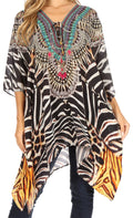 Sakkas Aymee Women's Caftan Poncho Cover up V neck Top Lace up With Rhinestone#color_ZBK229-Black