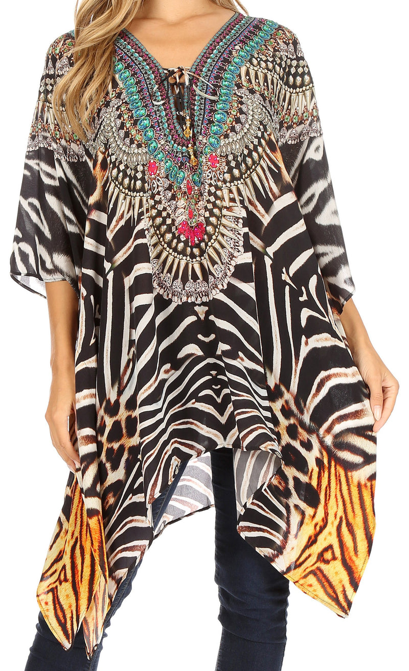 Sakkas Aymee Women's Caftan Poncho Cover up V neck Top Lace up With Rhinestone