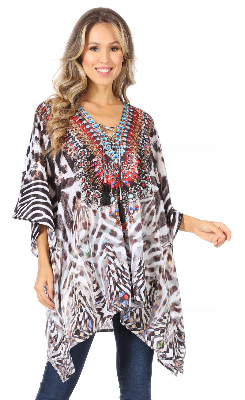 Sakkas Aymee Women's Caftan Poncho Cover up V neck Top Lace up With Rhinestone