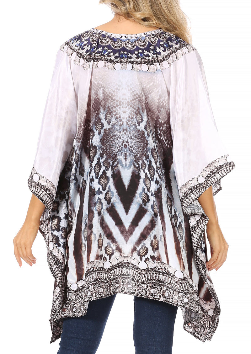 Sakkas Aymee Women's Caftan Poncho Cover up V neck Top Lace up With Rhinestone