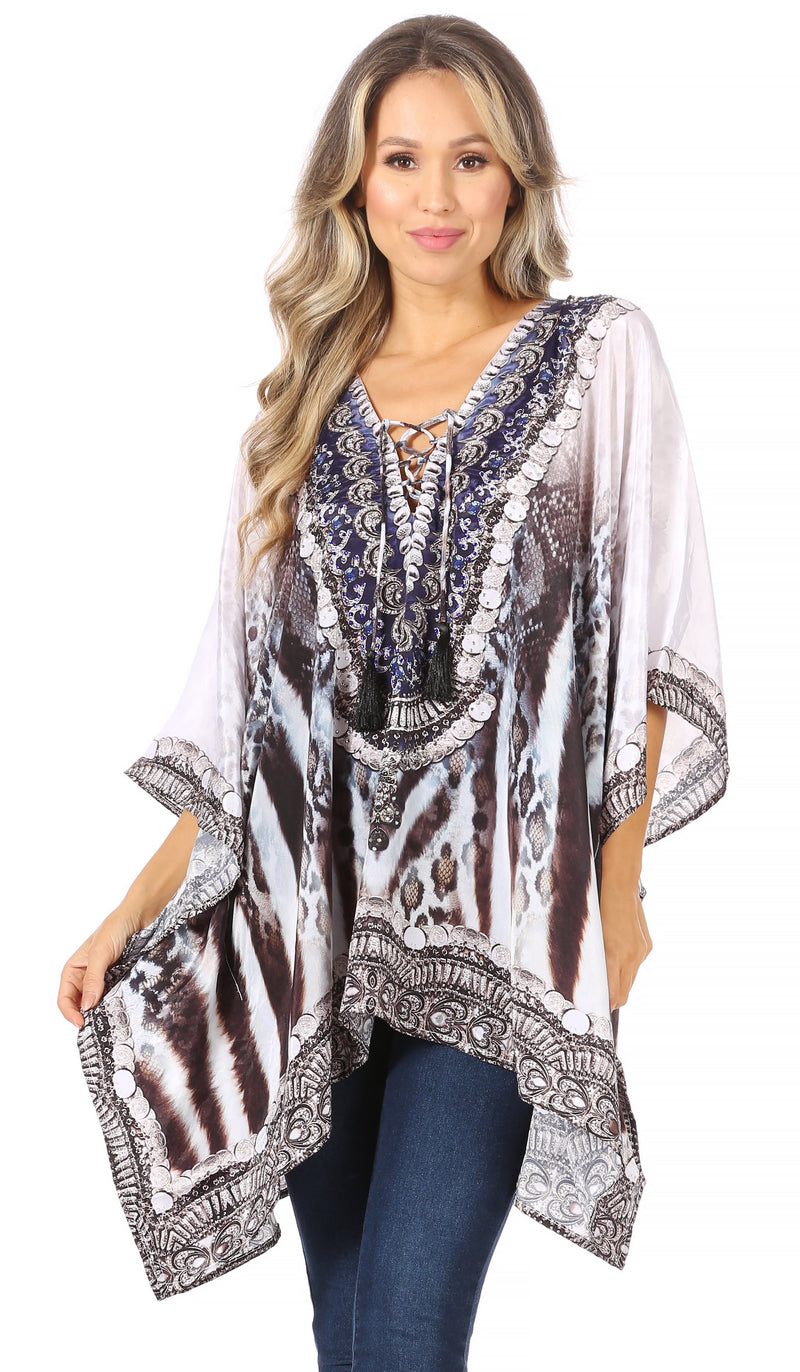 Sakkas Aymee Women's Caftan Poncho Cover up V neck Top Lace up With Rhinestone