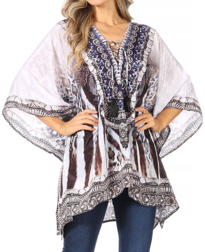 Sakkas Aymee Women's Caftan Poncho Cover up V neck Top Lace up With Rhinestone